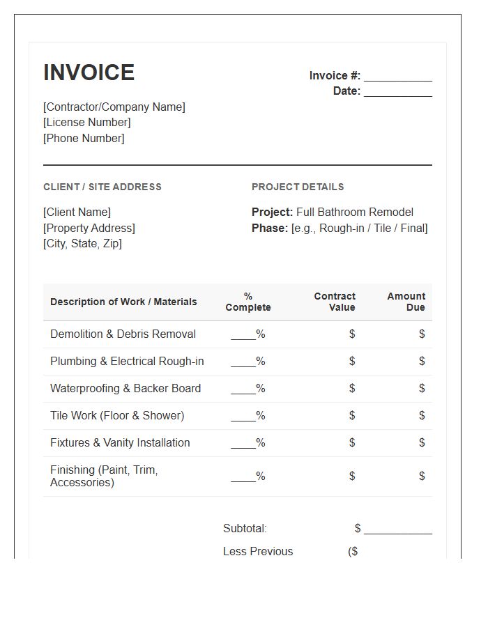 Full Bathroom Remodeling Progress Invoice Template