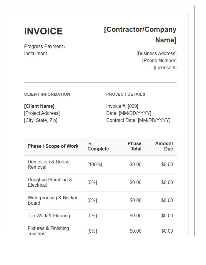 Incremental Bathroom Remodel Progress Invoice Template