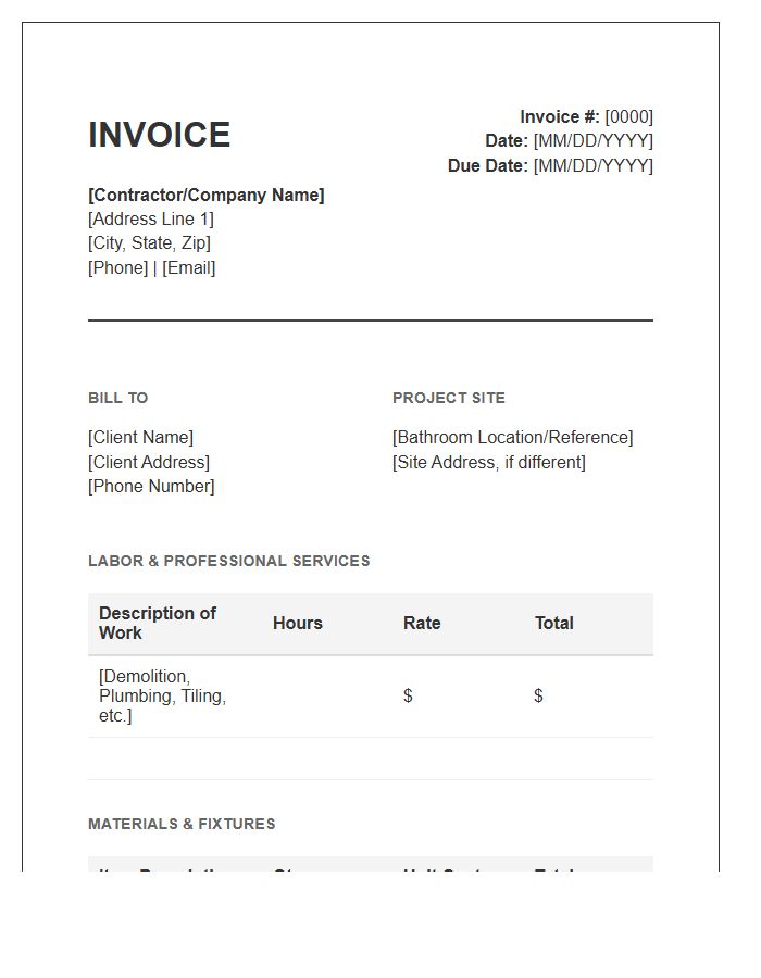 Labor And Materials Bathroom Remodel Invoice Template