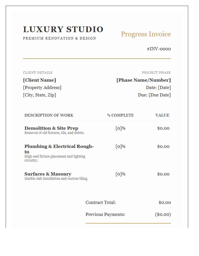 Luxury Bathroom Renovation Progress Invoice Template