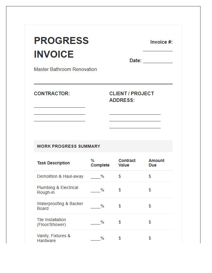 Master Bathroom Renovation Progress Invoice Template