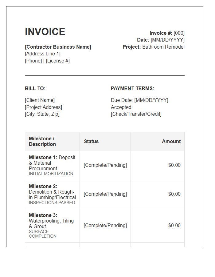 Milestone Based Bathroom Remodel Invoice Template