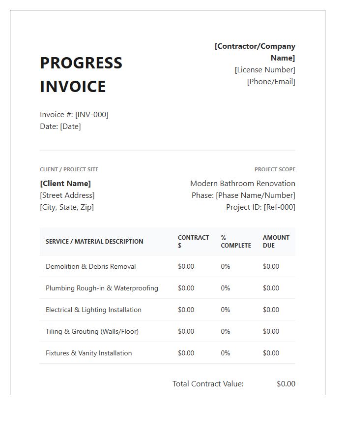 Modern Bathroom Renovation Progress Invoice Template