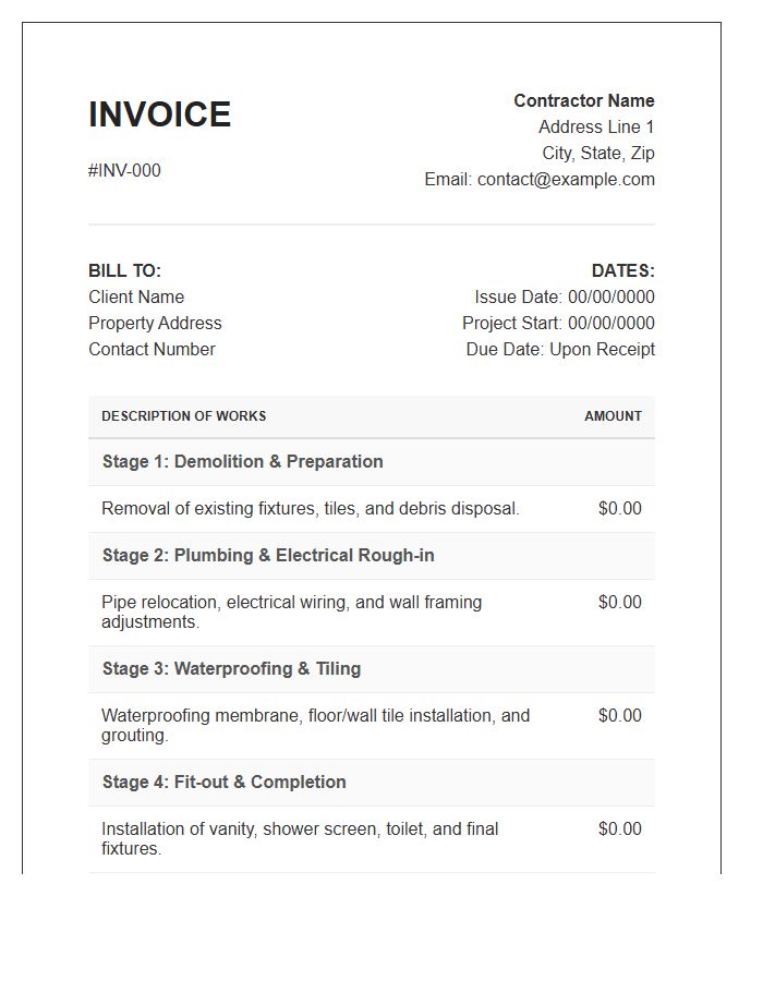 Multi Stage Bathroom Renovation Invoice Template