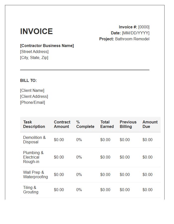 Percentage Completion Bathroom Remodel Invoice Template