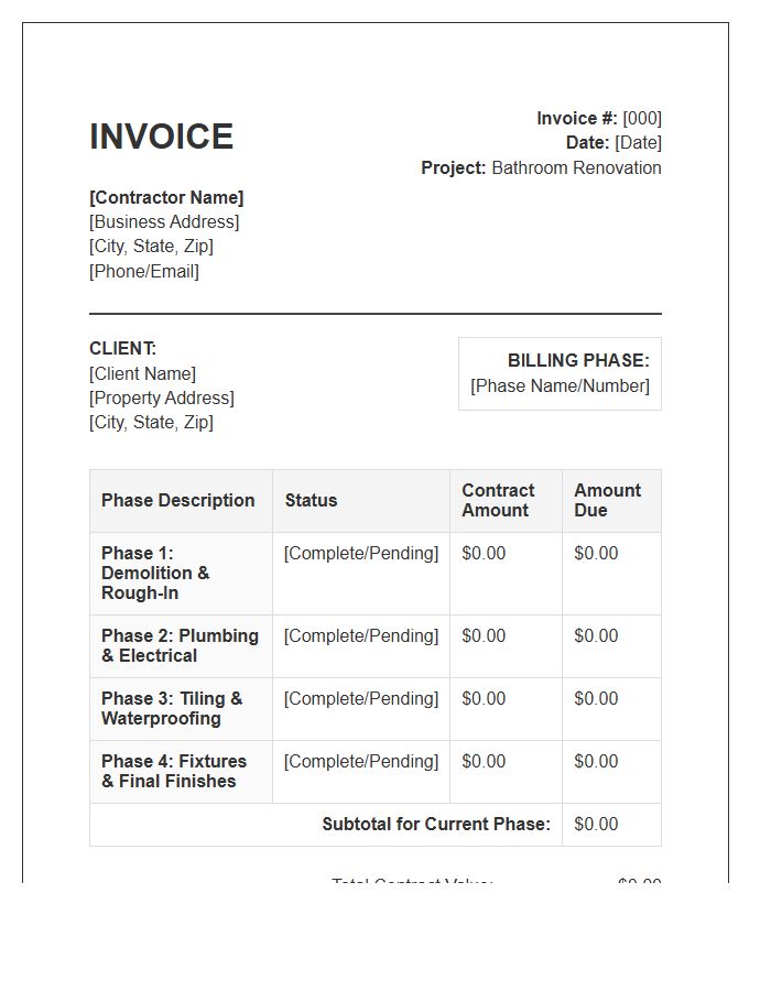 Phase Billing Bathroom Renovation Invoice Template
