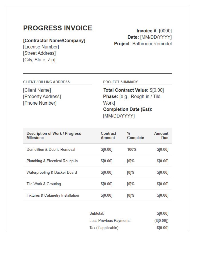 Professional Bathroom Remodeling Progress Invoice Template