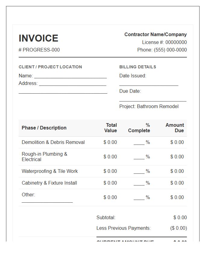 Residential Bathroom Remodel Progress Invoice Template