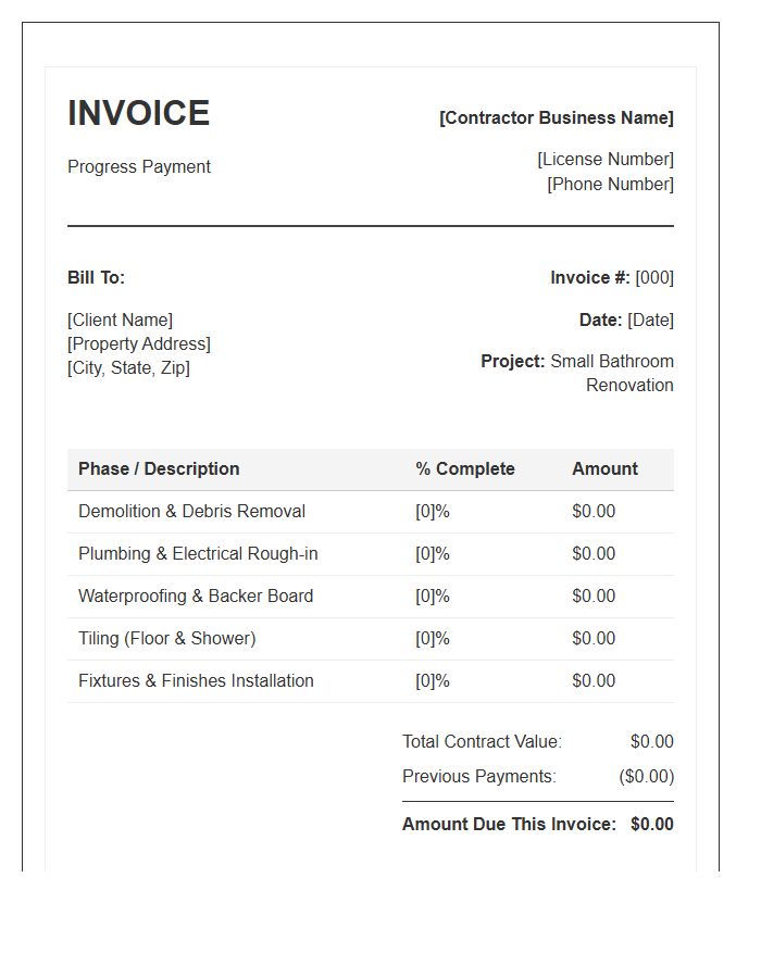 Small Bathroom Renovation Progress Invoice Template