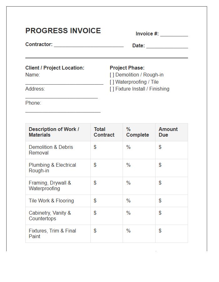 Standard Bathroom Remodel Progress Invoice Template