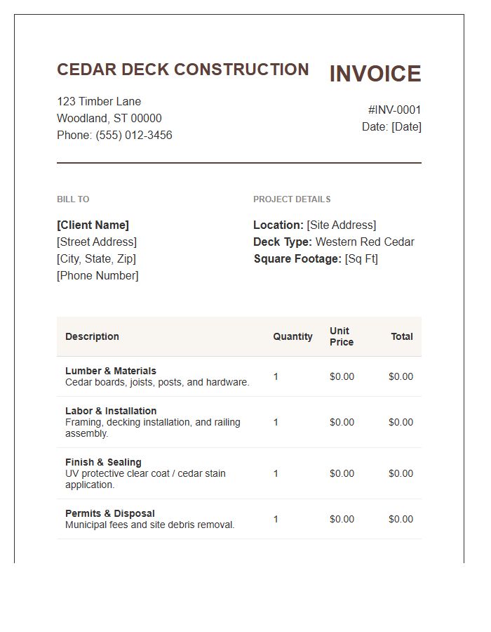 Cedar Deck Construction Service Invoice Template