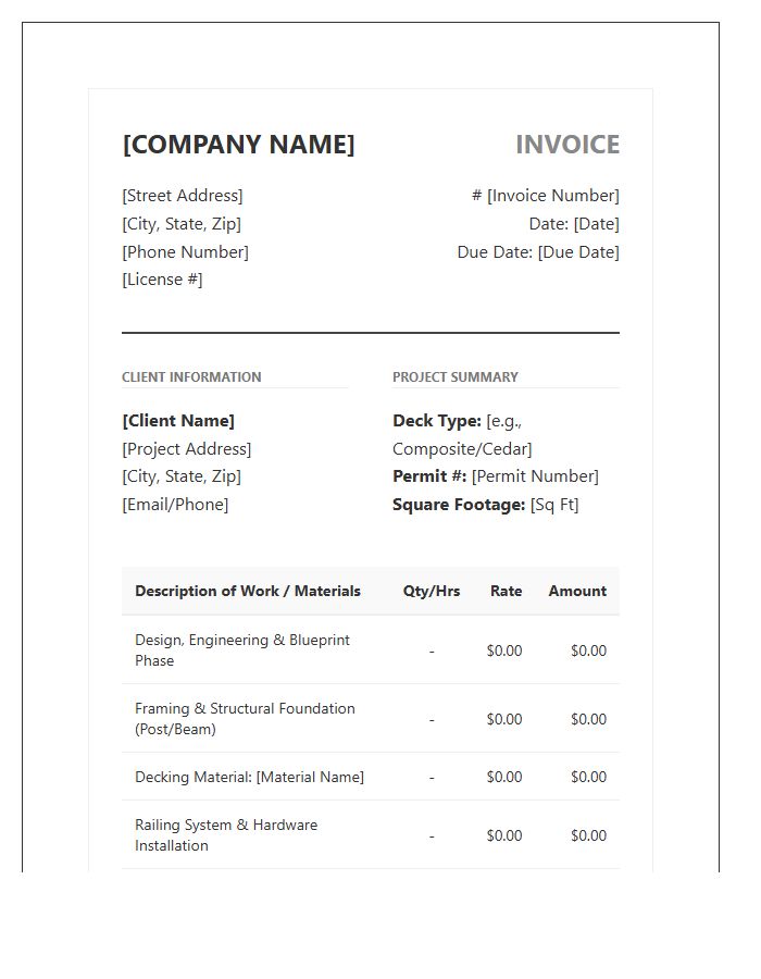 Custom Deck Design and Construction Invoice Template