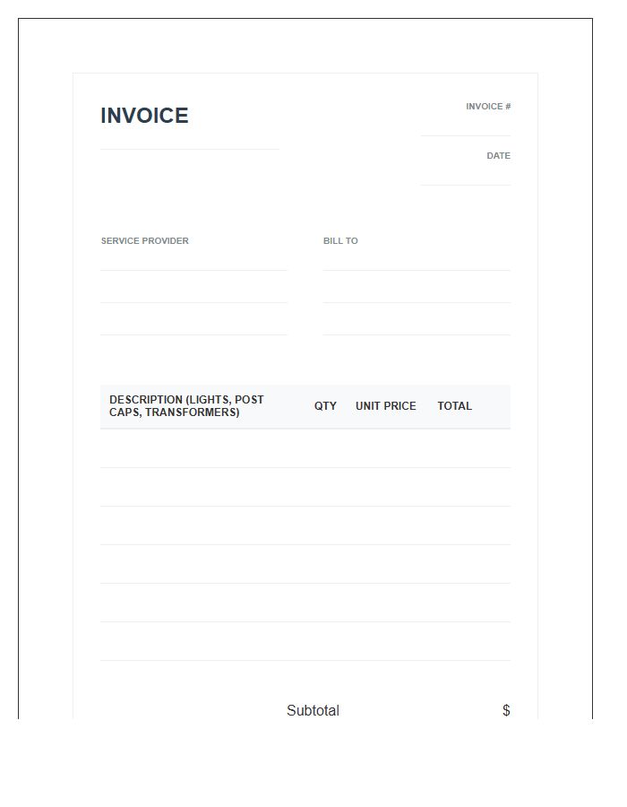 Deck Lighting and Accessory Invoice Template