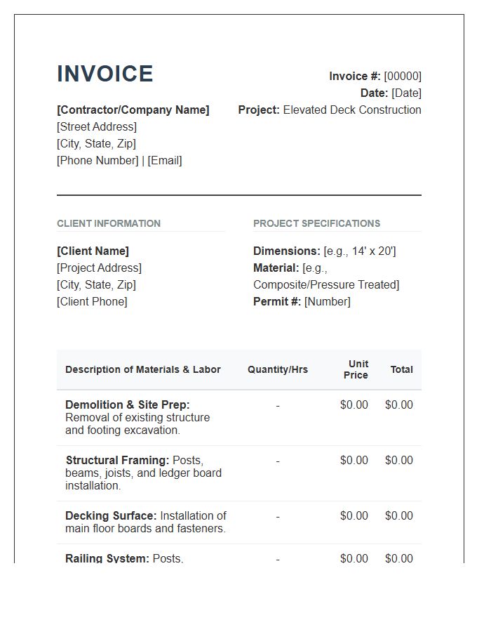 Elevated Deck Construction Project Invoice Template