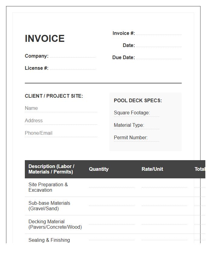 Pool Deck Construction Billing Invoice Template