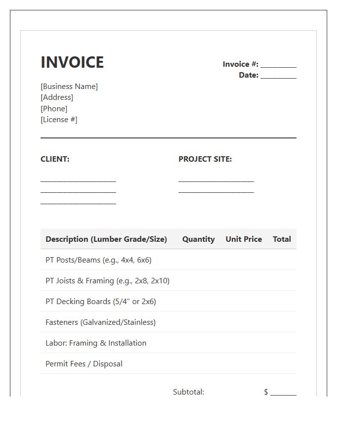 Pressure Treated Wood Deck Invoice Template