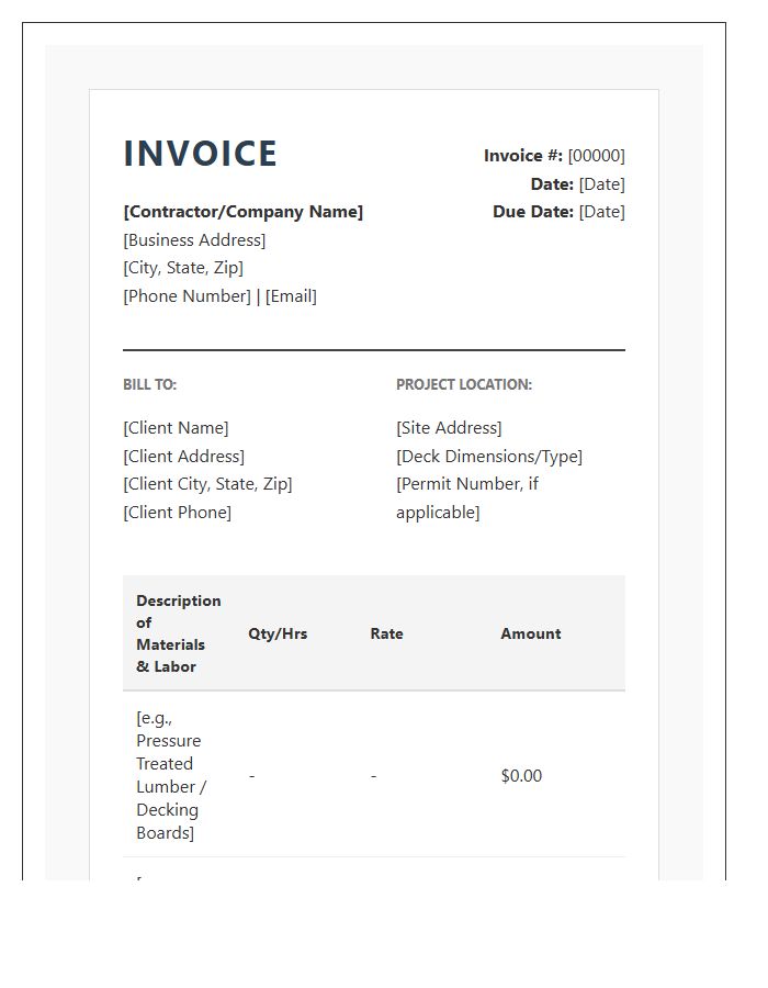 Professional Deck Contractor Service Invoice Template