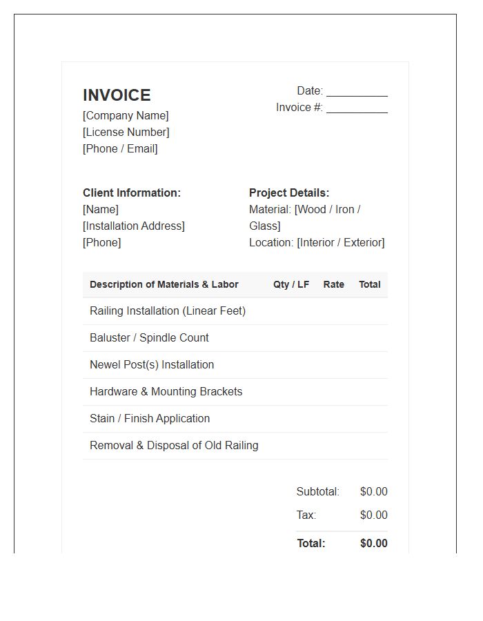 Railing and Baluster Installation Invoice Template