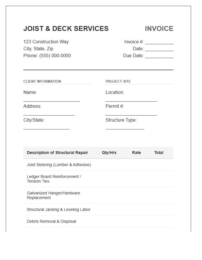 Structural Deck Joist Repair Invoice Template