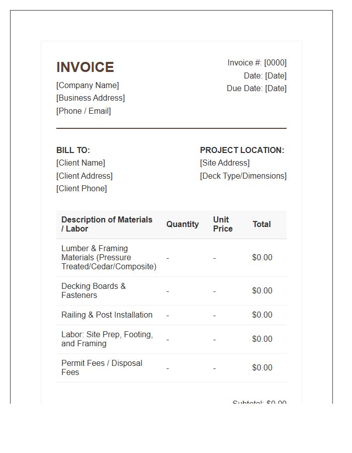 Wood Deck Installation Service Invoice Template
