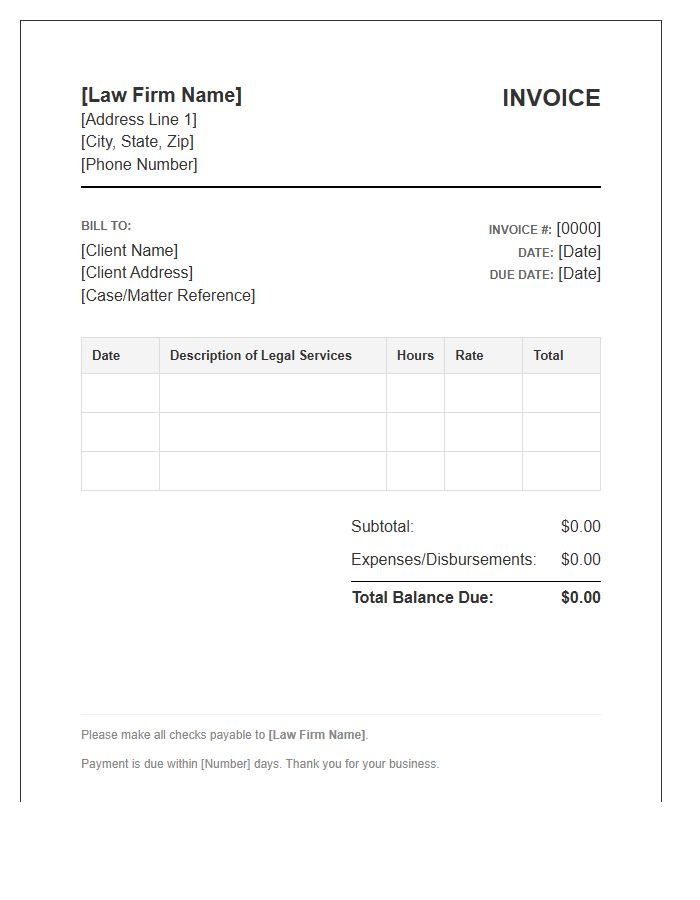 Hourly Legal Fee Invoice Template