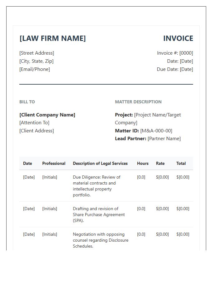 Mergers And Acquisitions Legal Invoice Template