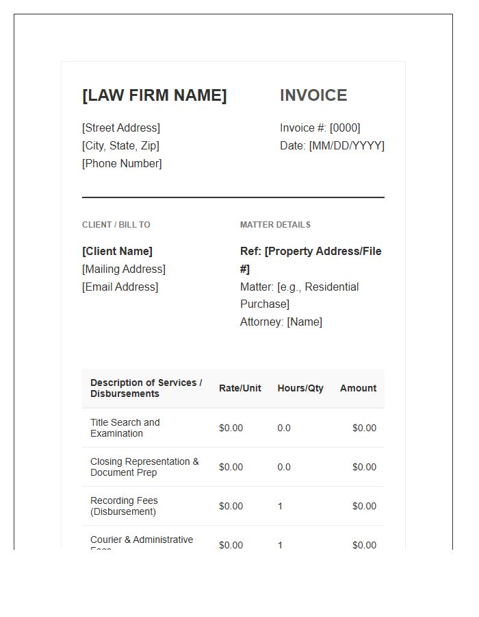 Real Estate Law Billing Invoice Template