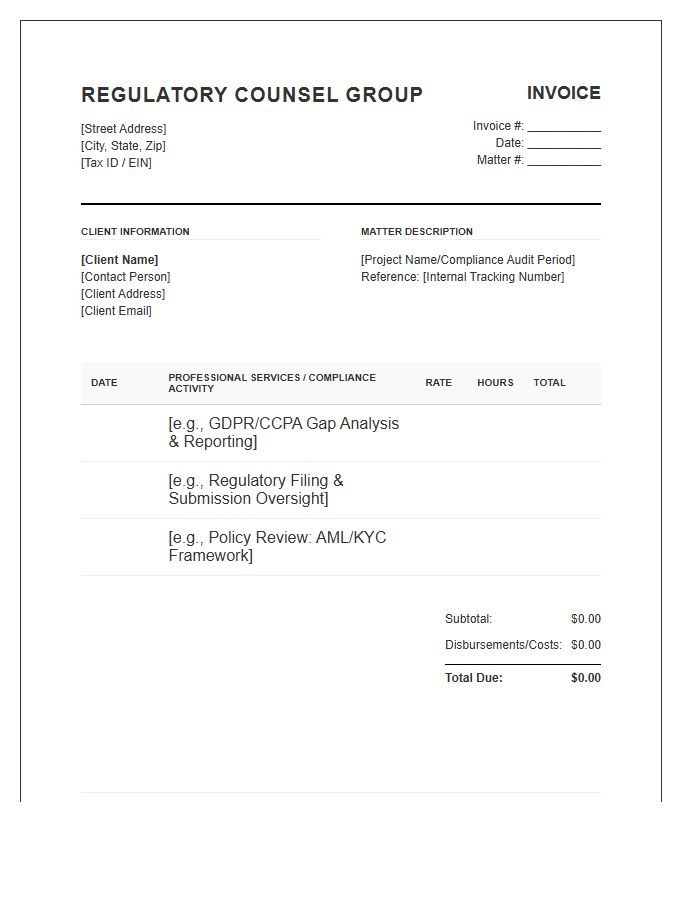 Regulatory Compliance Legal Invoice Template