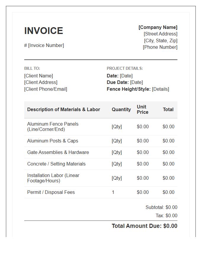 Aluminum Fence Project Invoice Template