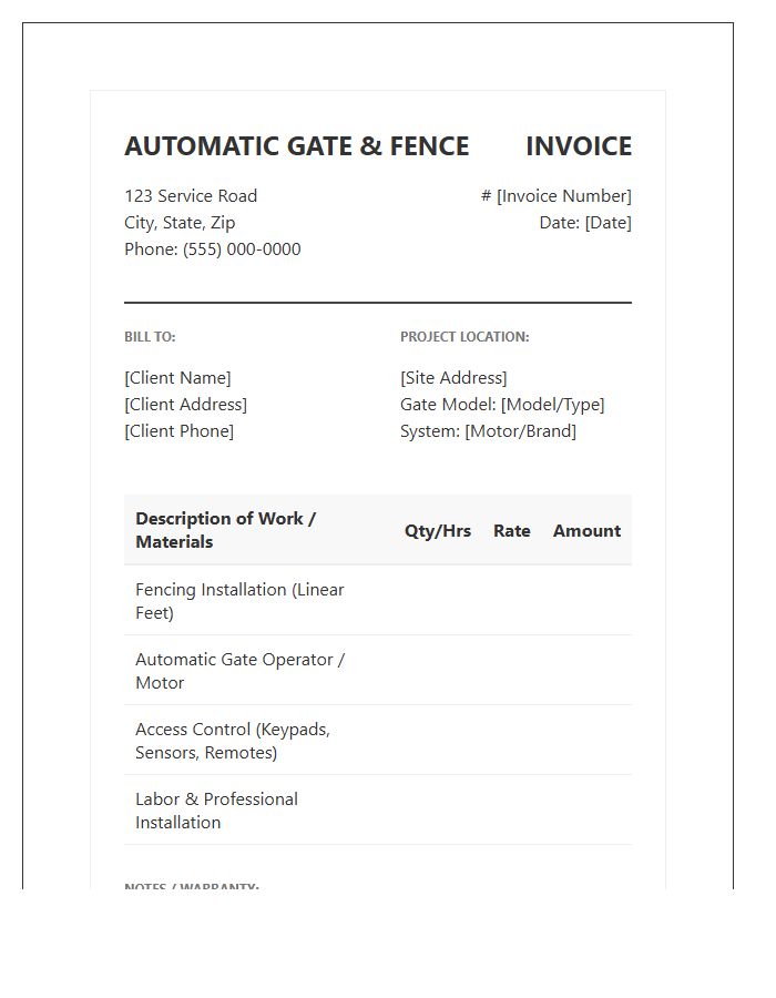 Automatic Gate And Fence Invoice Template