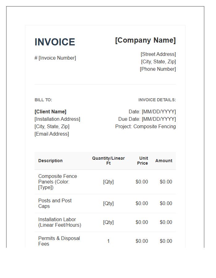 Composite Fencing Installation Invoice Template