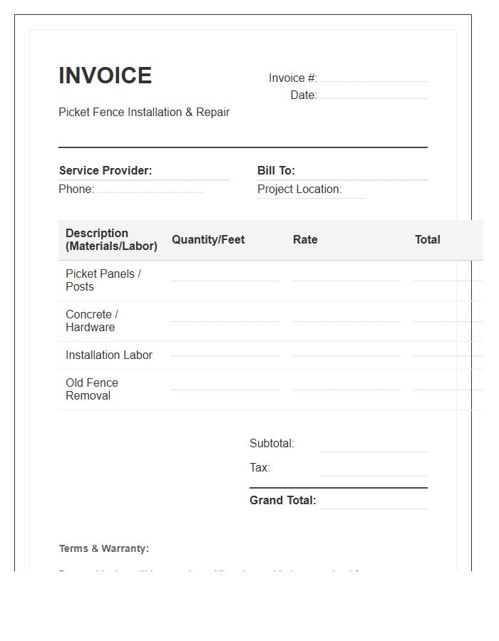 Picket Fence Job Invoice Template