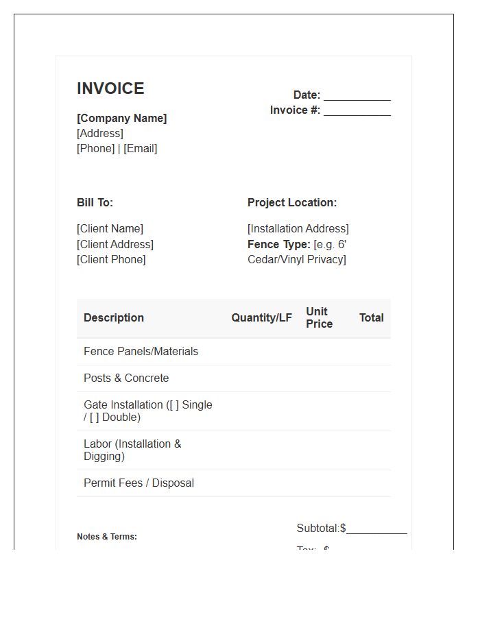 Privacy Fence Construction Invoice Template