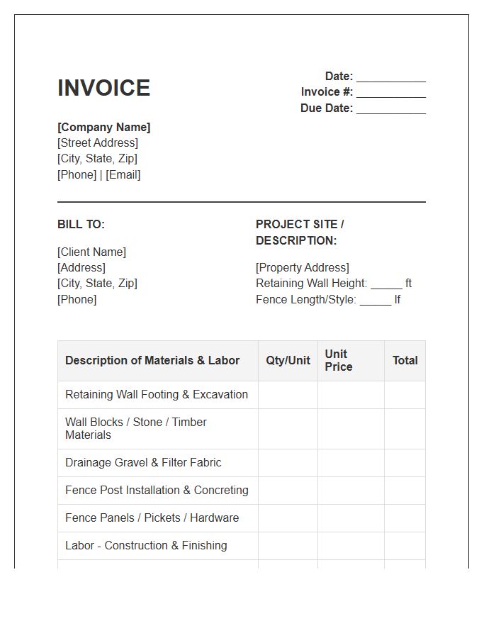 Retaining Wall And Fence Invoice Template