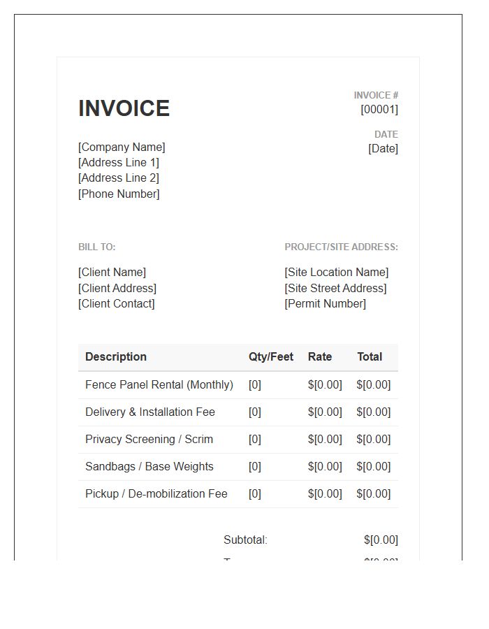 Temporary Construction Fencing Invoice Template