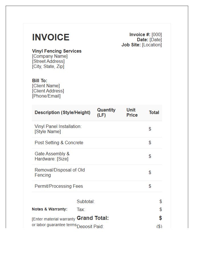 Vinyl Fencing Job Invoice Template
