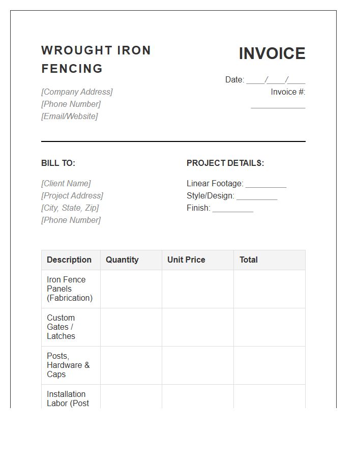 Wrought Iron Fencing Invoice Template