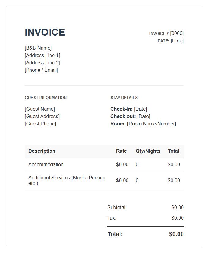 Bed And Breakfast Accommodation Invoice Template