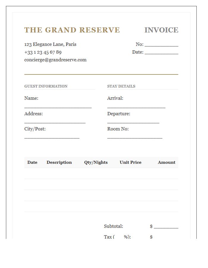 Boutique Hotel Billing Invoice Template