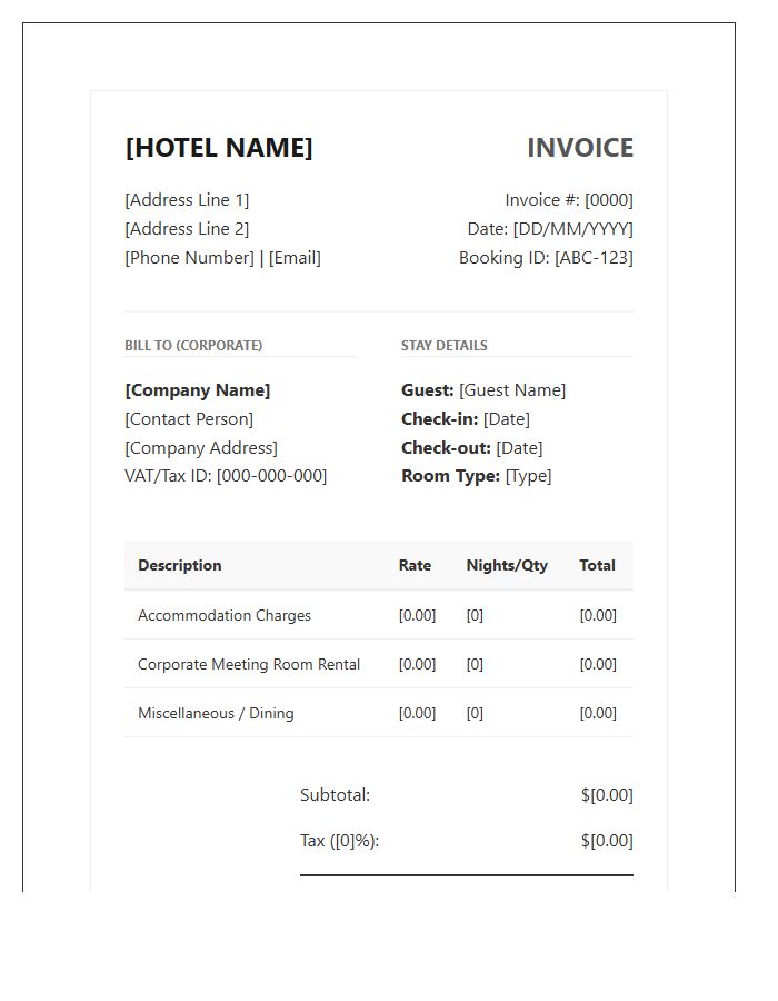 Corporate Hotel Booking Invoice Template