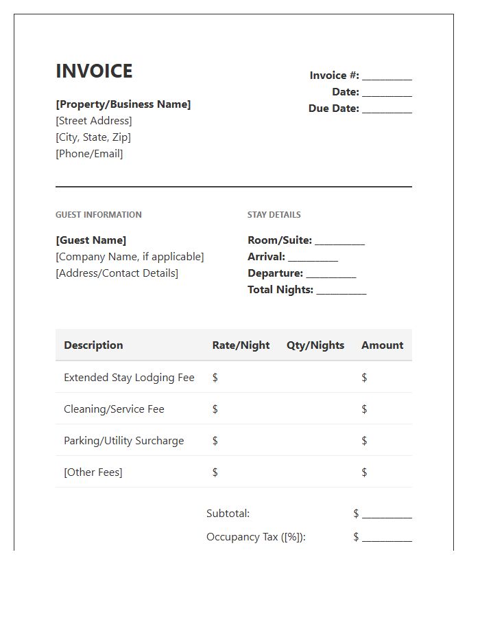 Extended Stay Lodging Invoice Template