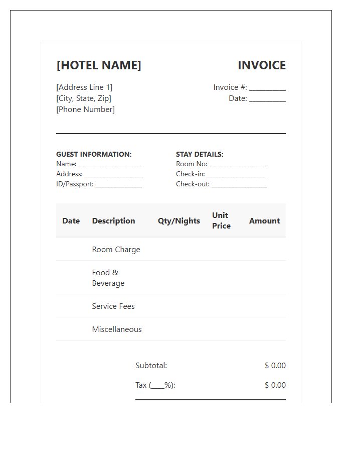 Hotel Check Out Billing Invoice Template