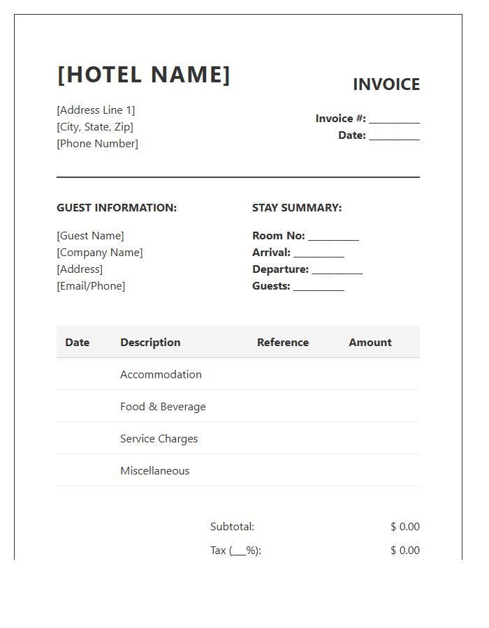 Hotel Guest Stay Billing Invoice Template