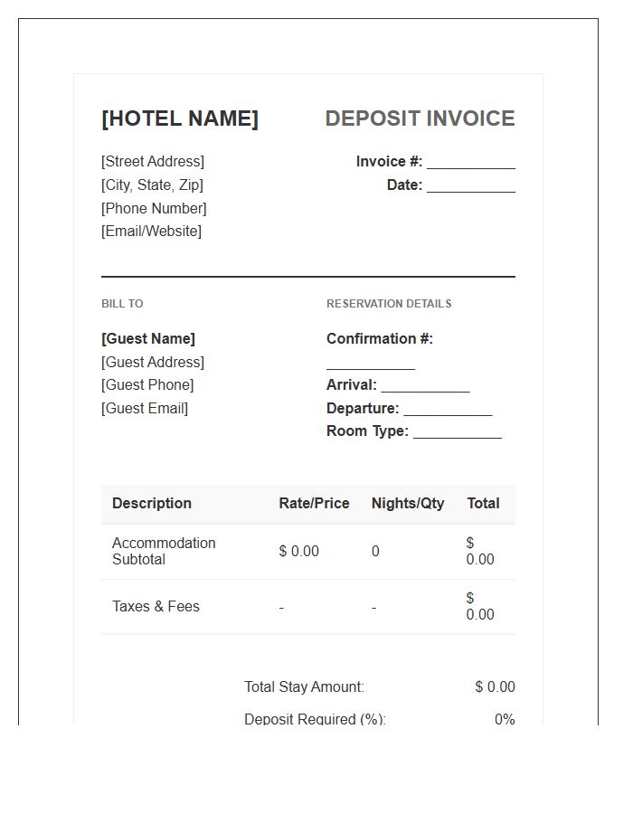 Hotel Reservation Deposit Invoice Template