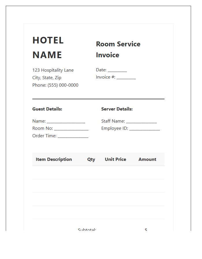Hotel Room Service Billing Invoice Template