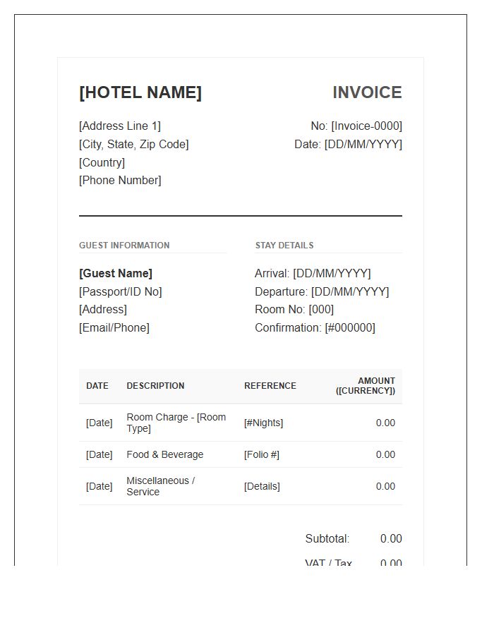 International Hotel Guest Invoice Template
