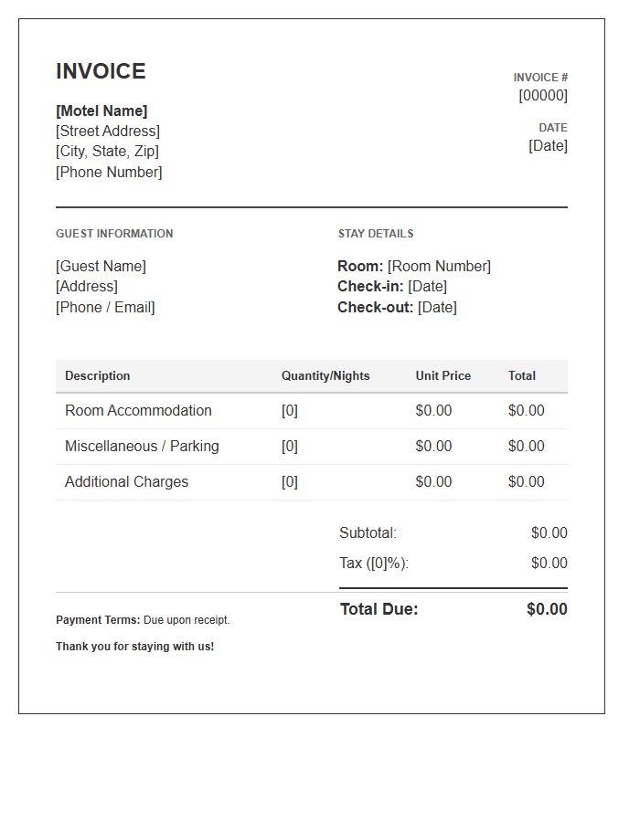 Motel Accommodation Billing Invoice Template