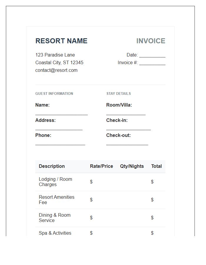 Resort Lodging Fees Invoice Template