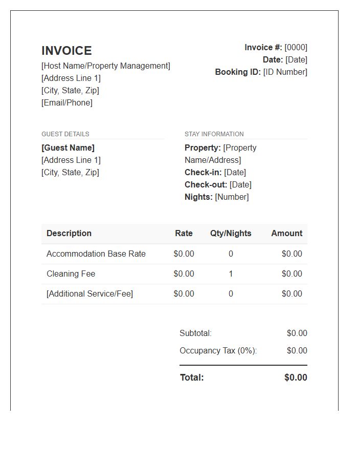 Vacation Rental Accommodation Invoice Template
