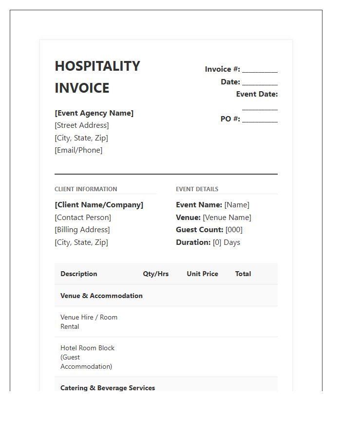 Comprehensive Event Hospitality Cost Invoice Template